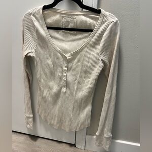 Aerie Cream Ribbed Long Sleeve Tee